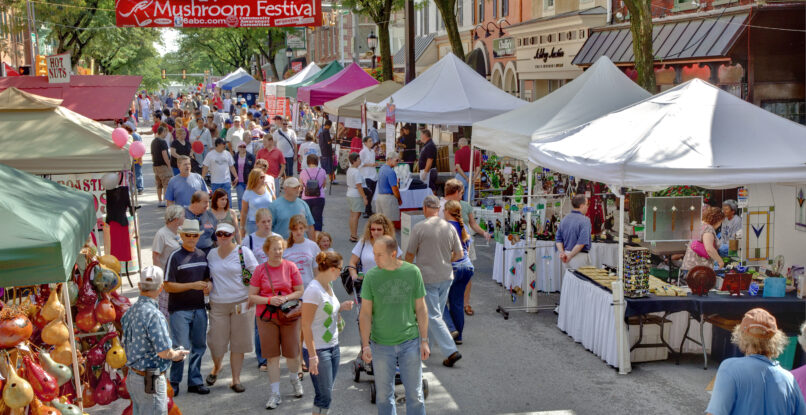 Crowds of people walk by vendors at the annual mushroom festival.